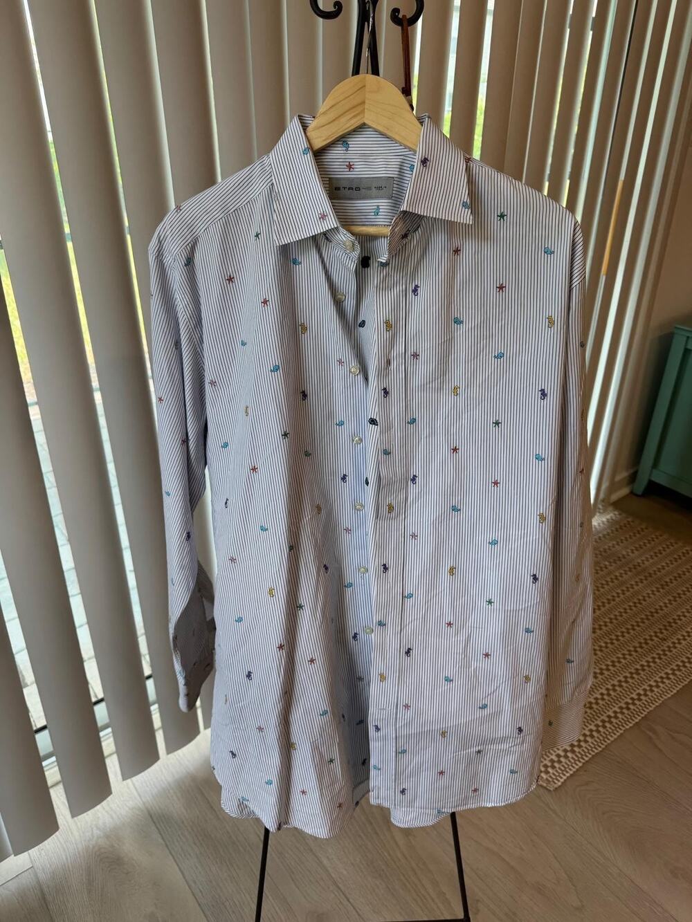 ETRO Italy 45 Embroidered Seahorse Whale Starfish Stripe Shirt XL